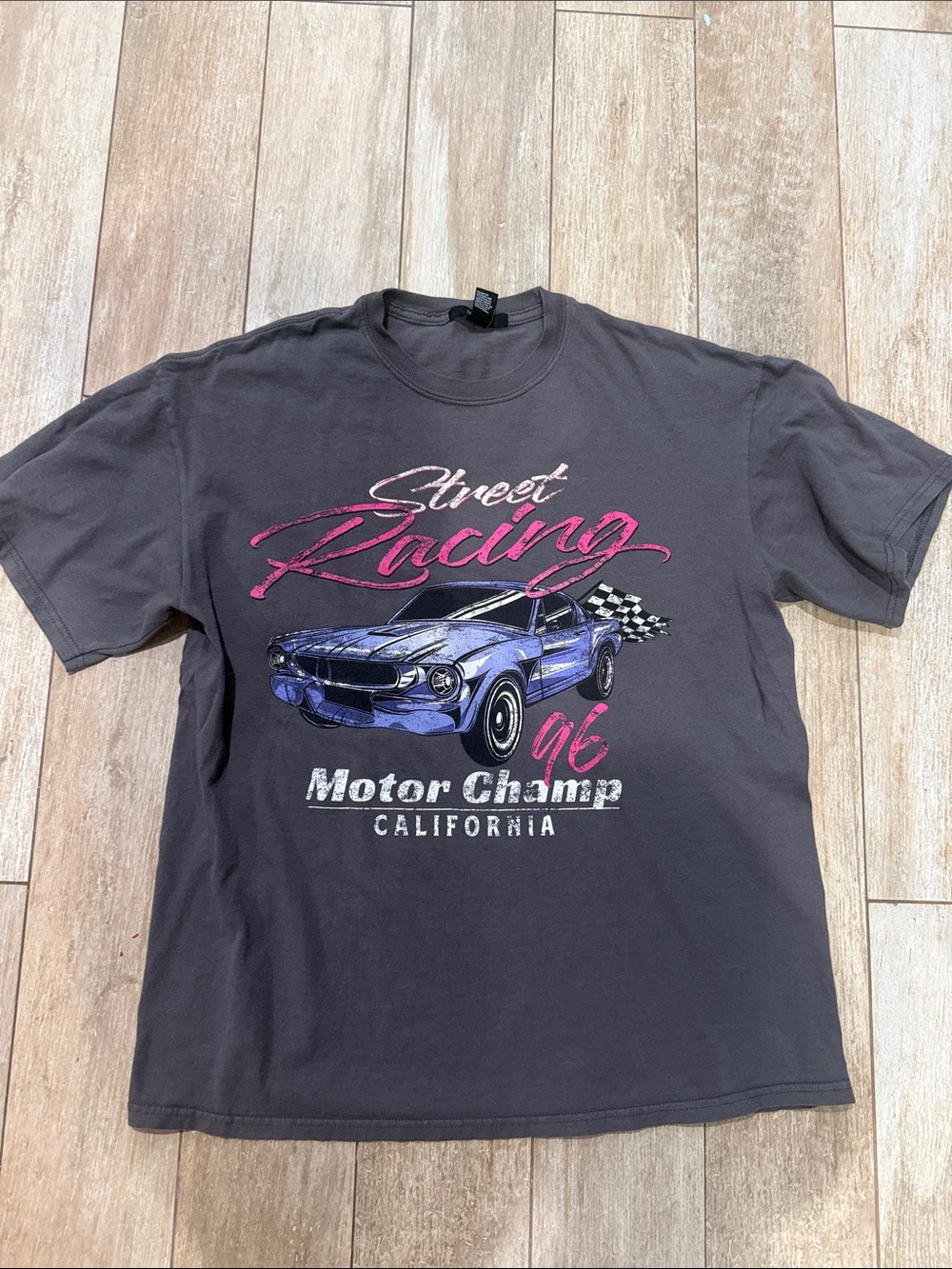Forever 21 Charcoal Street Racing Graphic Tee with Pink & Blue Accents